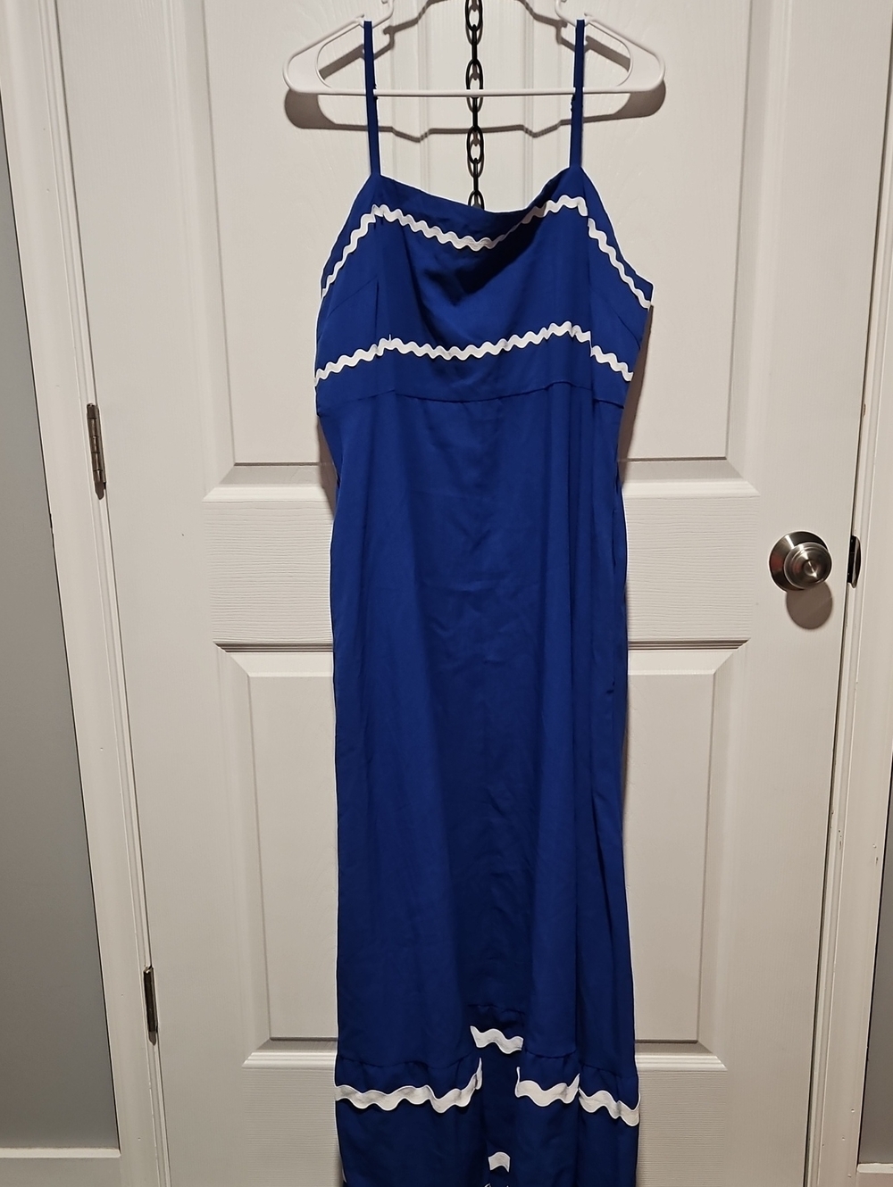Royal Blue Spaghetti-Strap Maxi Dress with White Rickrack Trim
